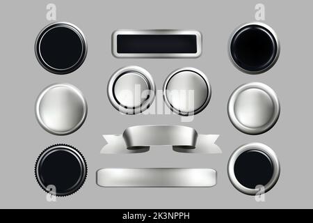 Set aus silbernen 3D Knöpfen mit Folienstruktur. Vektor-Stempel golden elegante metallisch glänzende Vektor-Kollektion Stock Vektor