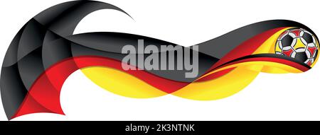 Schwarz rot und gelb Fußball verlassen einen abstrakten Weg in Form einer gewellten mit den Farben der Flagge Deutschlands auf weißem Hintergrund. Vektor Stock Vektor