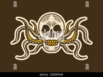 Totenkopf mit Oktopus Beine vintage Retro Kunst Illustration Design Stock Vektor