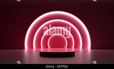 Pink Neon 3D Render Backdrop, Virtual Reality Produkt Podium Konzept Design, beste Verwendung für Produktpräsentation und Werbung Stockfoto