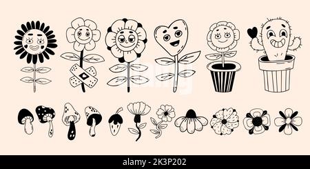Retro-Set groovige Blumen Doodle. Lustige Comic-Figuren mit Gesichtern funky Blume Macht mit Patch, Gänseblümchen Blumen, Kaktus, Pilze. Vektor Clipart V Stock Vektor