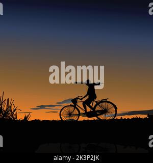 Eine Darstellung einer Silhouette einer Person, die Fahrrad fährt, mit einem wunderschönen Sonnenuntergang im Hintergrund Stock Vektor