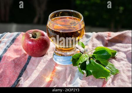 Ein Glas Apfelwein in den Sonnenlichtern und Häusern des Dorfes Etretat im Hintergrund, Normandie, Frankreich Stockfoto