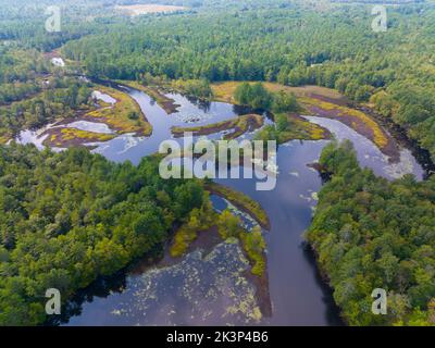 Congocook River Sumpf Luftaufnahme in der Nähe von Powder Mill Pond zwischen der Stadt Greenfield und Hancock in New Hampshire NH, USA. Stockfoto