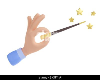 Zauberstab mit goldenen Sternen in der Hand des Zaubers. Ikone des Wunders, der Phantasie, der Illusion oder des Zaubers mit menschlichem Arm mit Zauberstab, 3D Renderdarstellung isoliert auf weißem Hintergrund Stockfoto
