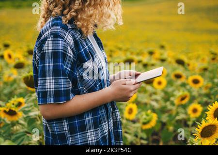 Beschnittene Ansicht der weiblichen Hände der Farmerin, die die Tablette am heißen Sommernachmittag im Sonnenblumenfeld halten. Outdoor-Lifestyle. Landwirtschaftlich kultiviert Stockfoto