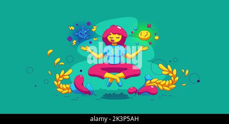 Konzept der emotionalen Balance. Frau meditiert schwebend in Lotushaltung. Zeitgenössische weibliche Charakter Kontrolle Emotionen, Wellness, gutes Gefühl Wahl, Geist Gesundheit Cartoon lineare flache Vektor-Illustration Stock Vektor