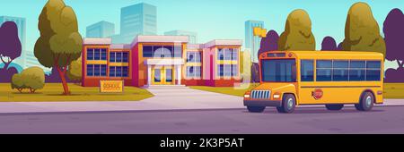 Stadtstraße mit Schulgebäude und gelbem Bus für Schüler. Sommer Stadtlandschaft mit Schulhaus, Bus auf der Straße, grünen Rasen und Bäumen, Vektor-Illustration in zeitgemäßem Stil Stock Vektor