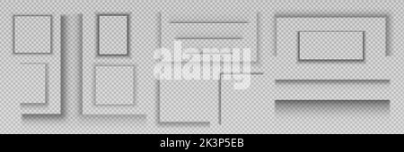 Schattenrahmen für Webbanner, Balken, Etiketten, Papierbogen, Poster oder Aufkleber. Vektor realistische Reihe von Quadrat-, Rechteck- und Linienschatteeffekten isoliert auf transparentem Hintergrund Stock Vektor