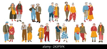 Moderne ältere Paare, trendige alte Leute. Männliche und weibliche Charaktere in modischer Kleidung. Isolierte stilvolle ältere Männer oder Frauen, elegante ältere Rentner, Cartoon lineare flache Vektor-Illustration Stock Vektor