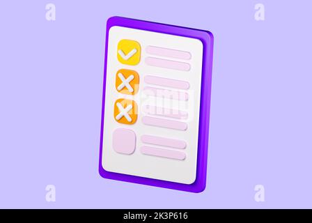 3D Symbol für die Zwischenablage der Checkliste. Aufgabenliste, Abstimmungsformular, Online-Umfrage, Feedback oder Prüfungskonzept. Hochwertiges isoliertes Rendern Stockfoto