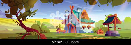 Cartoon Märchen Haus vor grünen Landschaft Hintergrund. Vektor-Illustration von schönen Fantasy-Zwerghütte auf sonnenbeschienener Lichtung, umgeben von Feld, Retro-Steinbrunnen, Schachtel mit Früchten und Bäumen. Spiele-ui Stock Vektor