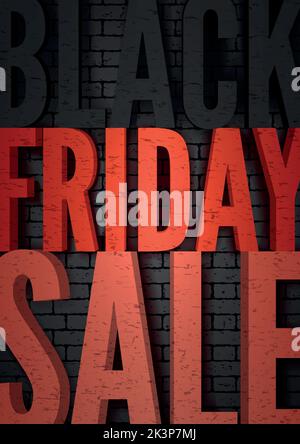 Black friday Verkauf minimal Vektor Flyer Vorlage. Rote Großbuchstaben auf dunklem Backsteinwand-Hintergrund. Werbespot im Grunge-Stil für saisonale Sonderangebote. Großer Rabatt bieten Werbebanner Design Stock Vektor