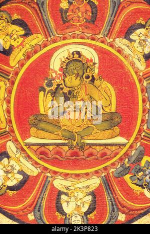 Thangka, tibetisch-buddhistische Malerei, 16. Jahrhundert, Mahakala Mandala, zentraler Teil, Tibetische Nepalesische Schule, Bezirk gTsang Stockfoto