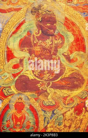 Thangka, tibetisch-buddhistische Malerei, 16. Jahrhundert, Red hat Hierarch, Details, Tibetische Nepalesische Schule, Bezirk gTsang Stockfoto