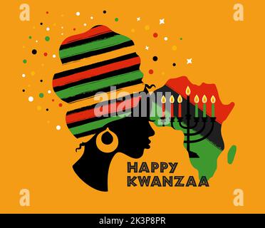 Grußkarte für Kwanzaa mit afrikanischen Frauen. Illustration. Happy Kwanzaa dekorative Grußkarte. Sieben kwanzaa Kerzen in . Stockfoto