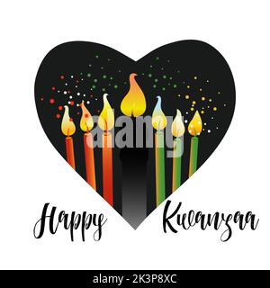 Kwanzaa-Banner. Traditionelles afroamerikanisches Design-Konzept für Feiertage mit brennender Kerze im schwarzen Herzen. Illustration. Stockfoto