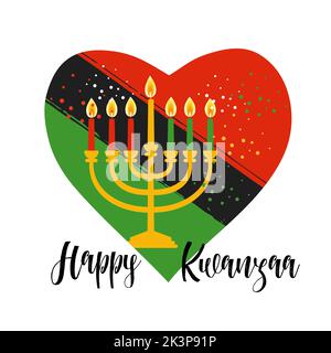 Kwanzaa-Banner. Traditionelles afroamerikanisches Design-Konzept mit brennender Kerze im Herzen. Illustration. Stockfoto