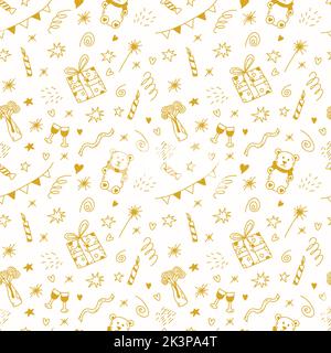 Happy Birthday Party Doodle Gold und weiß nahtlose Muster. Vektor-Illustration mit Geschenken, Party-Fahnen, Konfetti, Rosen, Luftballons, Herz, Teddybär Stock Vektor