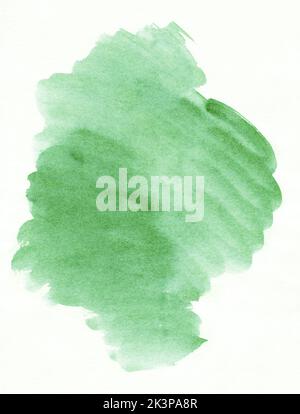 Aquarell grüner Fleck auf weißem Hintergrund mit Platz für Text. Flecken auf Papier. Stockfoto