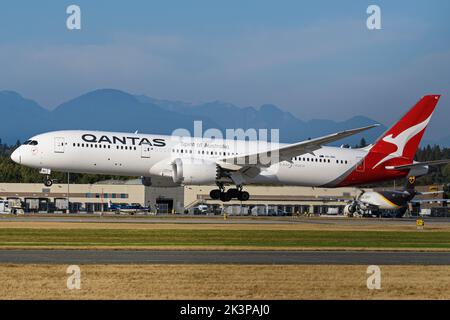 Richmond, British Columbia, Kanada. 26. September 2022. Ein Qantas Boeing 787-9 Dreamliner Jetliner (VH-ZNC) landet auf dem internationalen Flughafen Vancouver. (Bild: © Bayne Stanley/ZUMA Press Wire) Stockfoto