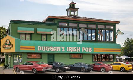 ROYAL OAK, MI/USA - 13. AUGUST 2020: Ein Dodge Charger, Chevy Camaro, Chevy Corvette, Nissan, Ford Mustang Autos im beliebten Duggan's Irish Pub auf der Woo Stockfoto