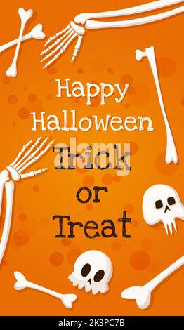 Schriftzug Happy Halloween und Trick or Treat auf dem Hintergrund von Handknochen und Totenköpfen Stock Vektor