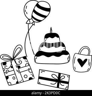 Vektor Doodle Geburtstag Satz von Elementen. Handgezeichnete Illustration mit Kuchen, Luftballons, Geschenkboxen für Dekor, Logo, Textil- und Webdesign, Kartengestaltung, Stock Vektor