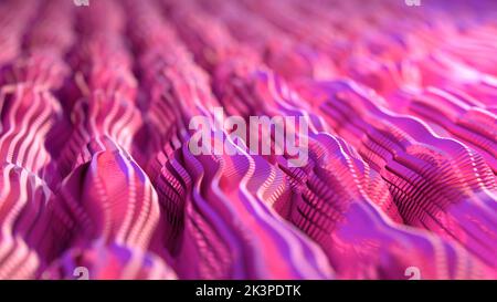 3D Darstellung einer abstrakten geometrischen Oberfläche, die gewellt, turbulent oder landförmig, wie Badlands oder Grate mit leuchtendem, leuchtendem Pink und s ähnelt Stockfoto