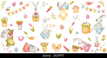 Set aus Aquarell-Osterelementen. Frühling Kinder Illustration mit Osterhase, Eier, Blumen, Vögel, Bienen, paty Flaggen für die Invintation, Kinder Dekor, tex Stockfoto