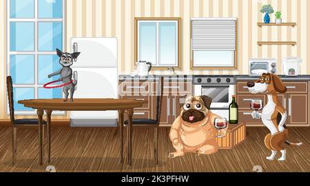 Im Haus Szene mit Hunden trinken Wein Illustration Stock Vektor