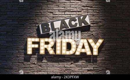 Kreatives 3D Rendering von Black Friday Schild mit leuchtenden Lampen hängen an grauen Ziegelwänden Stockfoto