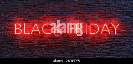 3D Rendering von beleuchteten roten Neon Black Friday Zeichen hängt an grauen Ziegelwand Stockfoto