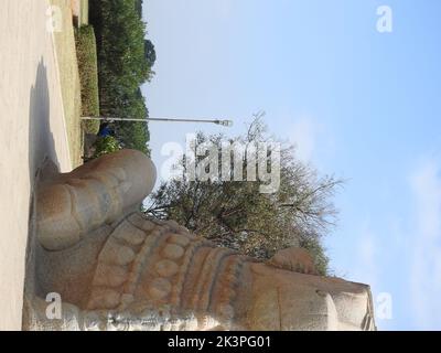 Nahaufnahme des schönen Veerabhadra Hindu-Tempels in Lepakshi im Bundesstaat Andhra Pradesh, Indien Stockfoto