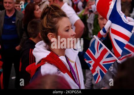 Feier des Olympiasiegers von Taekwondo 2012, Jade Jones, Flint, Nordwales. Stockfoto