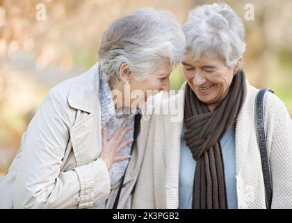 Sie sind immer noch die besten Freunde. Beschnittene Ansicht von zwei älteren Frauen, die im Freien lächeln und plaudern. Stockfoto