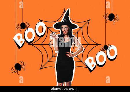 Collage Bild von schrecklichen Hexen Mädchen Spinnen Netz boo Text auf kreative halloween Hintergrund isoliert Stockfoto