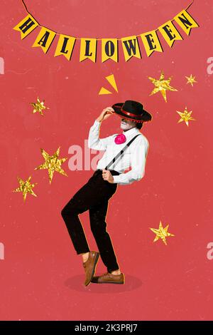 Composite Collage Bild Bild von tanzen cool lustig Kerl halloween-Party haben Spaß Sterne muerto caballero sombrero Girlande Poster promo Stockfoto