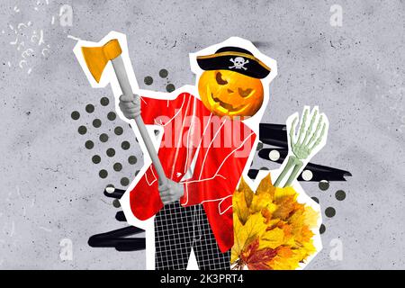 Kreative abstrakte Vorlage Collage von gruseligen Kapitän Piraten halten scharfe Axt halloween Kürbis statt Kopf Holzfäller Laub Skelett Hand Stockfoto