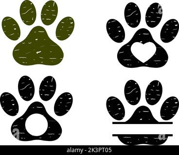 Hundepfote im Grunge auf weißem Hintergrund. Pfote Grunge Print Schild. Hund Pfoten grunge Monogramm. Flach Stil. Stockfoto