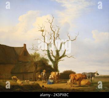 Eine Farm mit einem toten Baum des niederländischen Malers Adriaen van de Velde in der National Gallery, London, Großbritannien Stockfoto