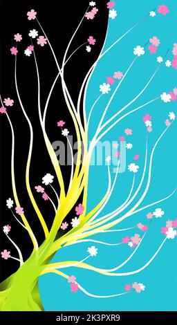 Aquarell Gemälde von Baum, Ein kreatives Kunstwerk, Abstract lebendige Baum-Logo, neutrale Farbe, Frühlingsblumen, fantastische Illustration Stockfoto