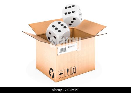 Würfel in das Paket. Casino Delivery Concept, 3D Rendering isoliert auf weißem Hintergrund Stockfoto