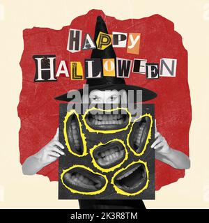 Collage zeitgenössischer Kunst. Frau im Bild der Hexe, die gruseliges Lächeln wählt. Frohe Halloween Stockfoto