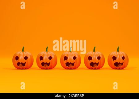 Kürbisse stehen in einer Reihe. 3D Rendern. Kürbis für Halloween mit einem lustig lächelnden Gesicht, auf einem orangen Hintergrund. Jack O Laterne halloween Kürbis, 3 Stockfoto