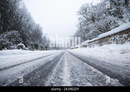 Straße im Wald mit bedecktem Schnee. Winterzeit. Landschaft. Schneebedeckte Bergwaldstraße Stockfoto