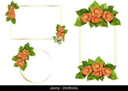 Set Golden Rahmen mit Rosen Blumen und Blätter in Cartoon-Stil auf weißem Hintergrund isoliert dekoriert. Vorlage für Begrüßung, Einladung. Vektorgrafik Stock Vektor