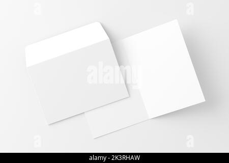 A4 A5 gefaltete Einladungskarte mit Umschlag 3D Rendering White Blank Mockup Stockfoto