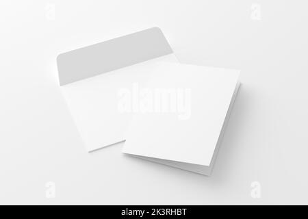 A4 A5 gefaltete Einladungskarte mit Umschlag 3D Rendering White Blank Mockup Stockfoto