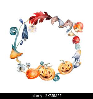 Halloween Kranz mit bunten Kürbissen Aquarell Illustration isoliert auf weiß. Kreis Rahmen von Hexenpflanzen mit Pilz, Fledermaus, Grebe von Hand gezeichnet. Stockfoto